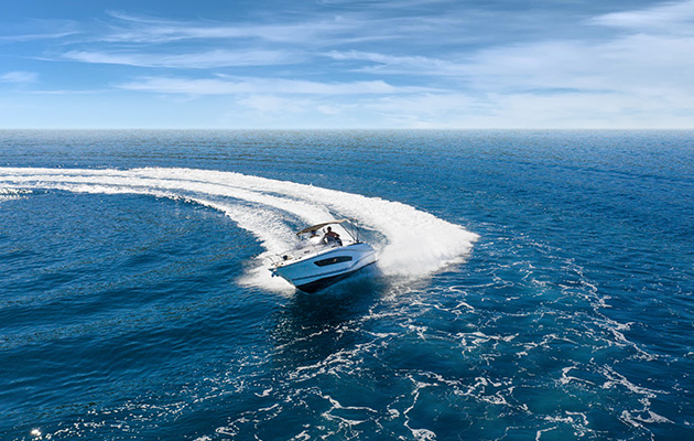 Speed boat in mediterranean sea, aerial view