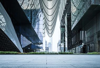 View looking up between two skyscrapers