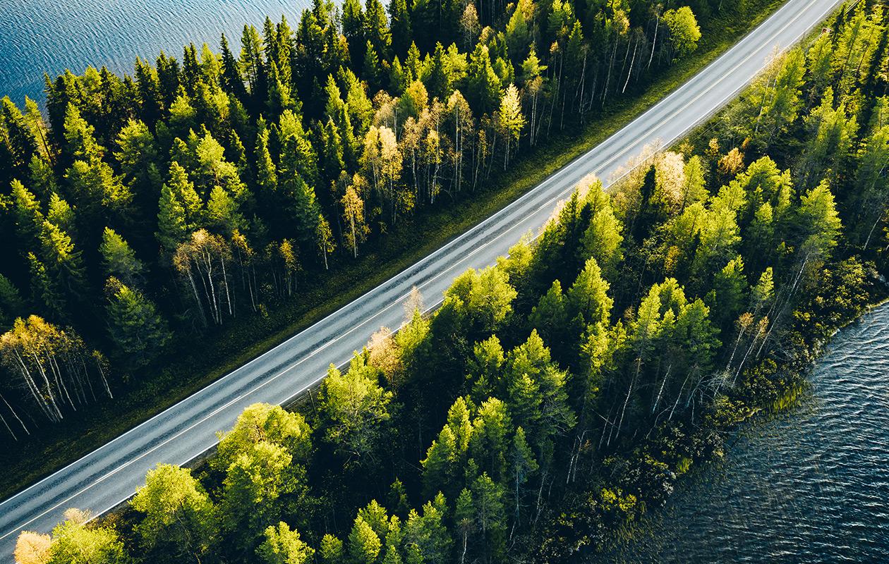 Scenic highway surrounded by trees and water