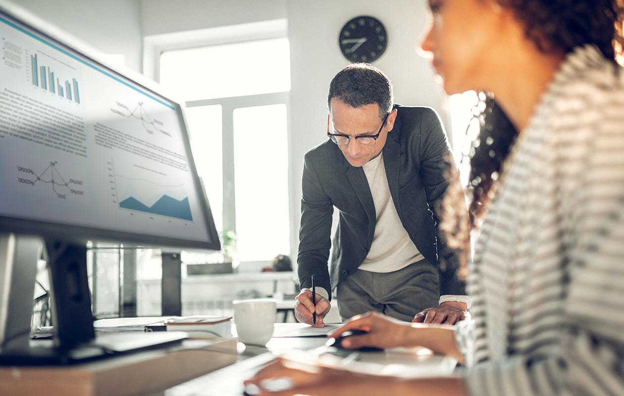 Professionals working together at a computer