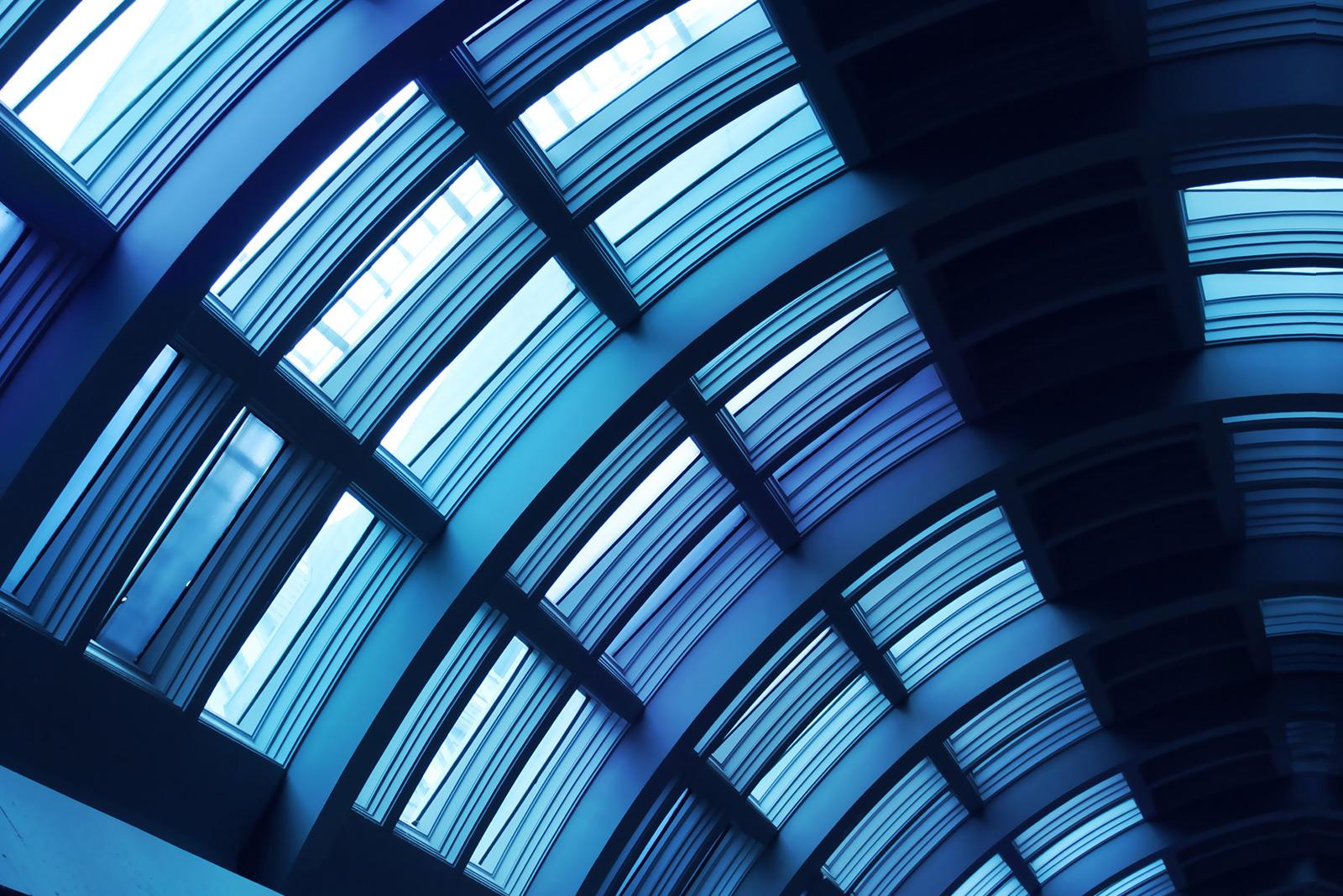 Curved windows in a modern building walkway